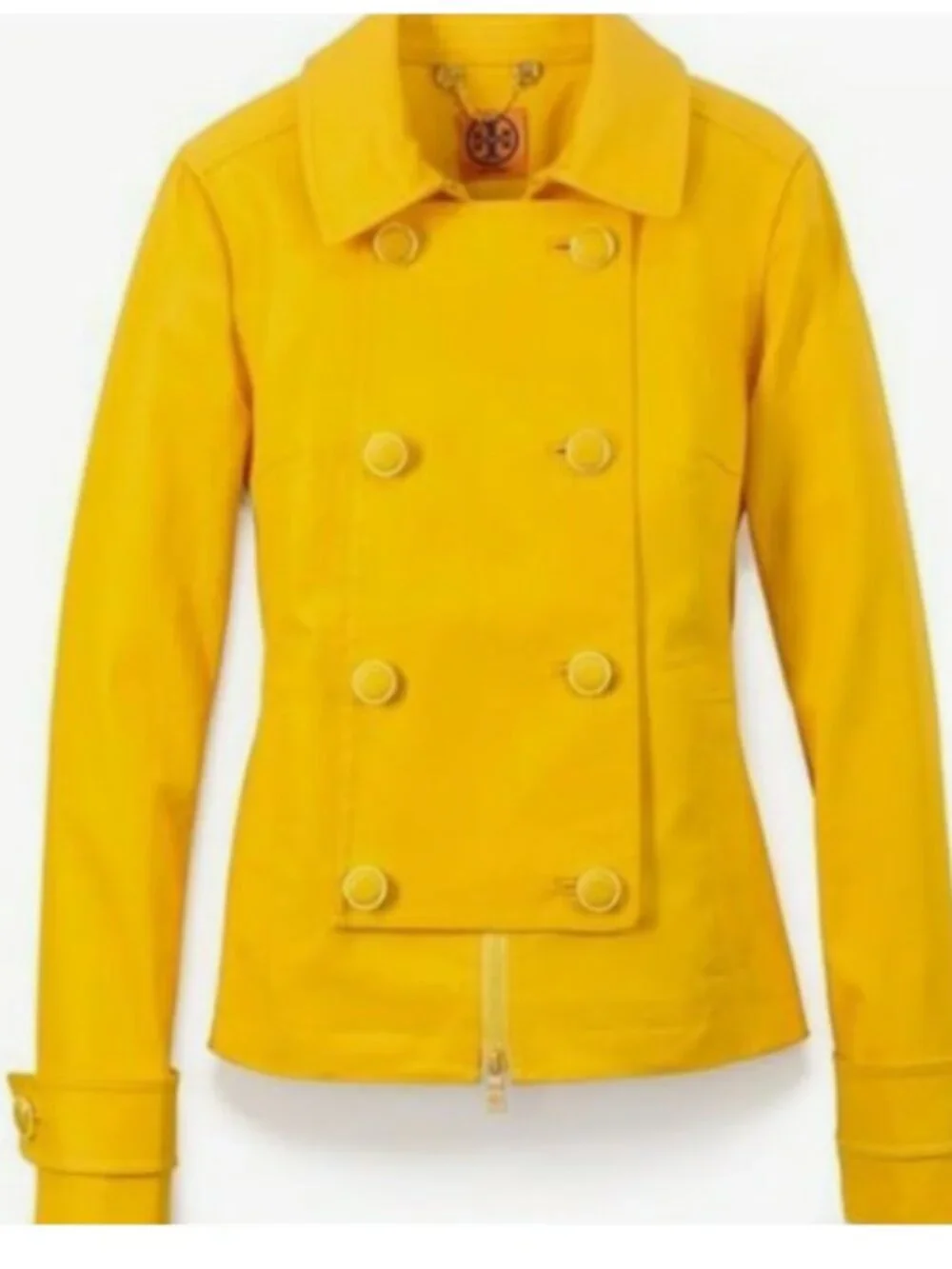 Tory Burch Yellow Denim Rain PeaCoat Jacket Waxed Cotton Sz 4 Like New
